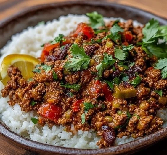 Delicious Cuban Beef Picadillo served with rice and plantains