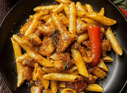 Bowl of creamy jerk chicken rasta pasta topped with herbs and spices
