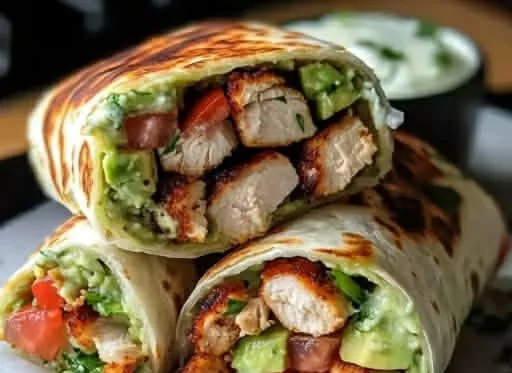 Sliced avocado chicken wraps filled with fresh ingredients
