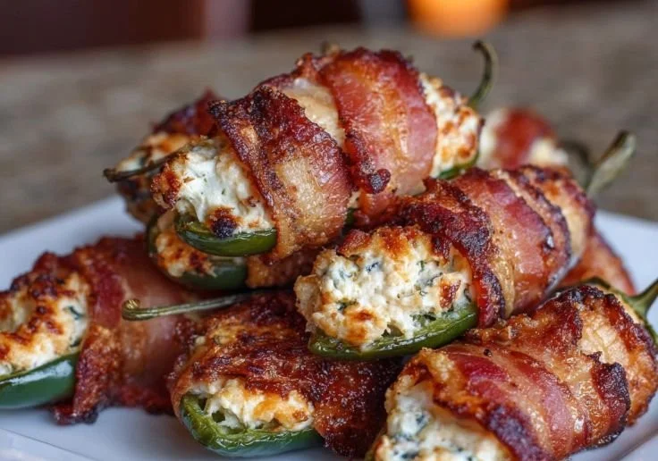 Bacon-wrapped jalapeño poppers served on a platter, garnished for an appealing presentation.