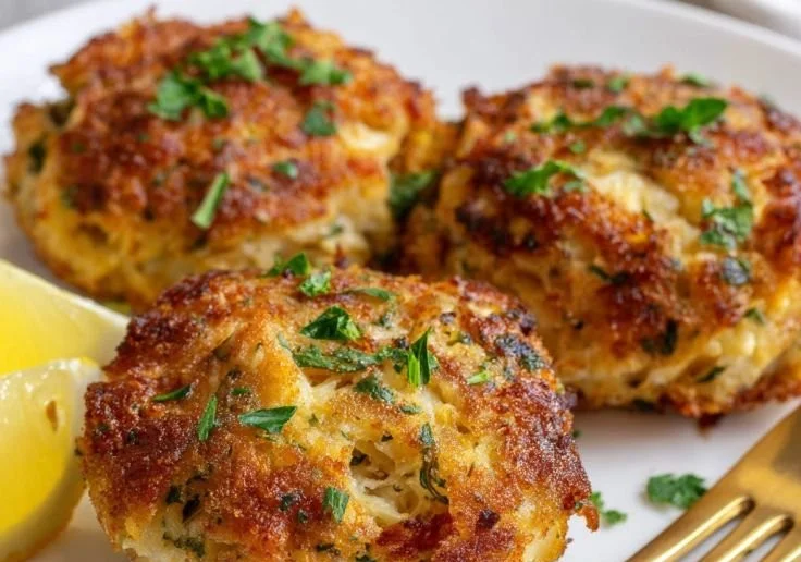 Baked crab cakes served on a plate with garnishes