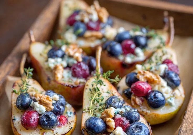 Delicious baked pears topped with berries and honey, a healthy dessert option.