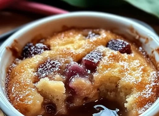 Baked sticky rhubarb pudding served with whipped cream on a plate