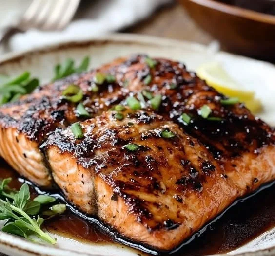 Balsamic glazed salmon fillet served on a white plate with garnish.