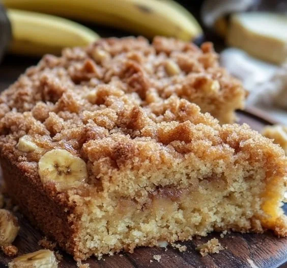 Delicious Banana Crumb Cake topped with a crunchy crumb topping and ripe bananas