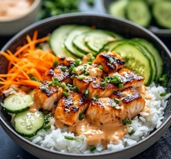 Delicious Bang Bang Salmon Bowls filled with fresh ingredients.