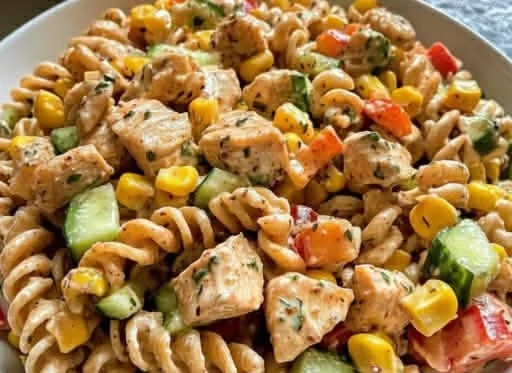 Colorful bowl of barbecue chicken pasta salad with grilled chicken and vegetables