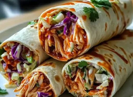 BBQ chicken wraps with coleslaw on a plate