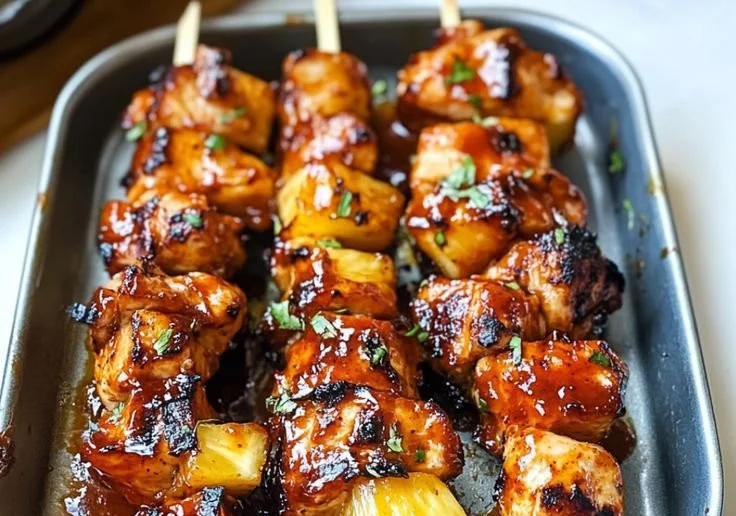 BBQ Pineapple Chicken Kabobs on a grill, garnished and ready to serve.