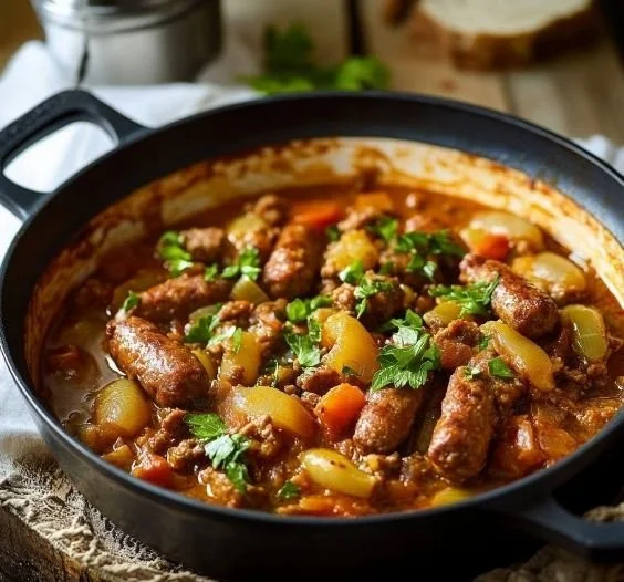Delicious beef sausage casserole served in a bowl, inspired by Mary Berry's recipe.