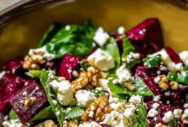 Delicious beet salad topped with feta cheese and walnuts served in a bowl