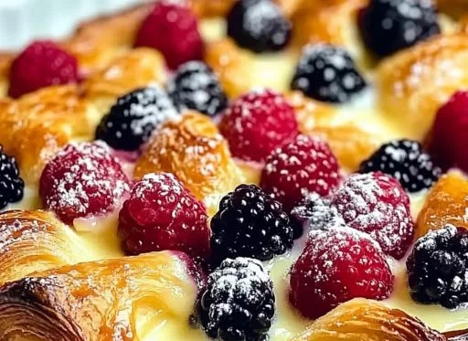 Berry croissant breakfast bake topped with fresh berries and powdered sugar