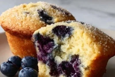 Delicious homemade blueberry muffins with a golden-brown crust and fresh blueberries