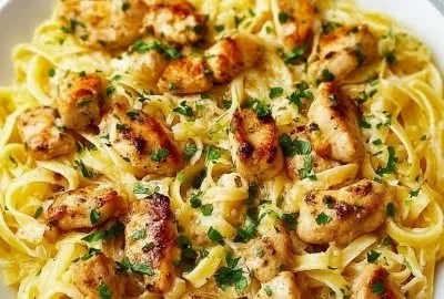 Delicious plate of chicken scampi with garlic and herbs