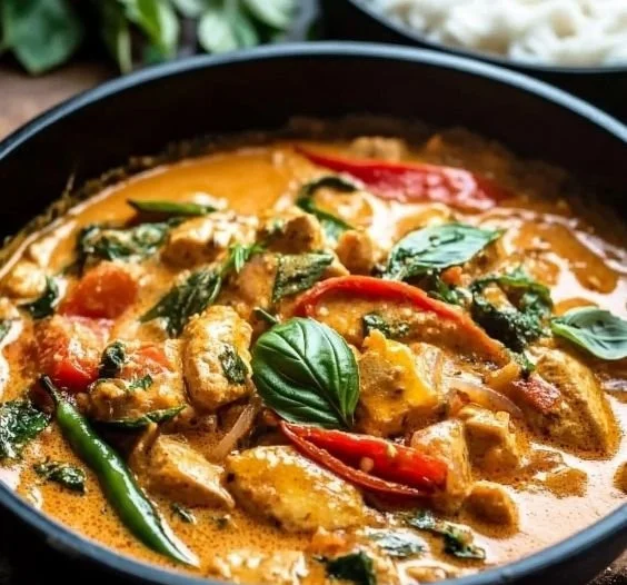 Delicious Thai Panang Curry served in a bowl with herbs and spices garnish.