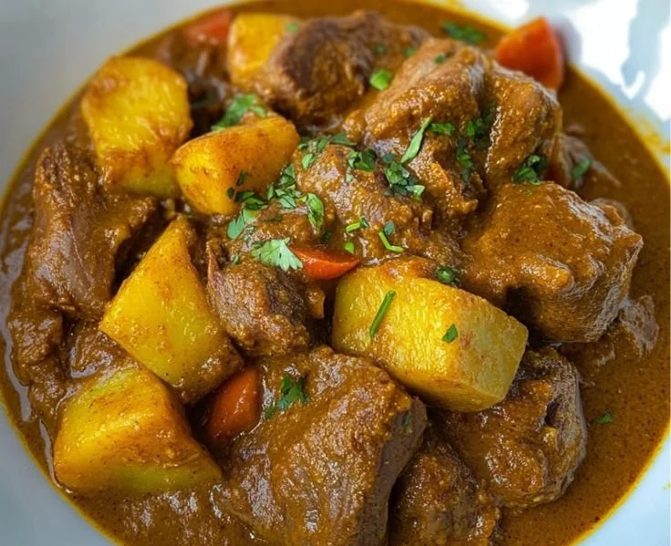Delicious Jamaican Curry Goat served with rice and peas