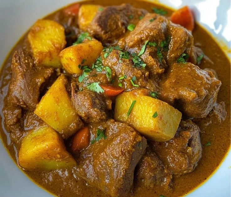Delicious Jamaican curry goat served with rice and vegetables