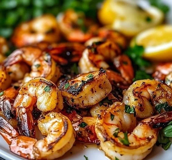 Delicious marinated grilled shrimp on a grill, ready to be served.