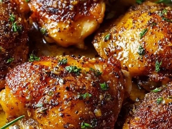 Juicy oven-baked chicken thighs on a plate, garnished with herbs.