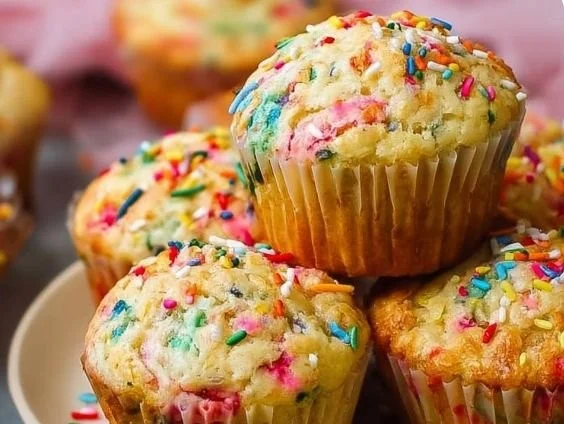 Deliciously baked vanilla funfetti muffins topped with colorful sprinkles