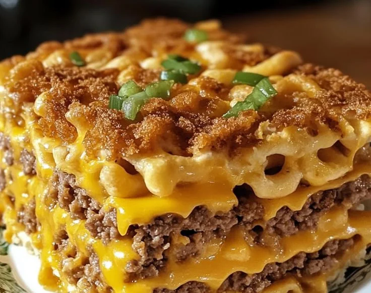 Delicious Big Mac casserole topped with cheese and served in a baking dish