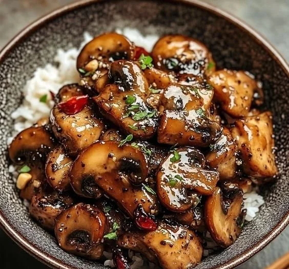 Delicious black pepper chicken with mushrooms served on a plate