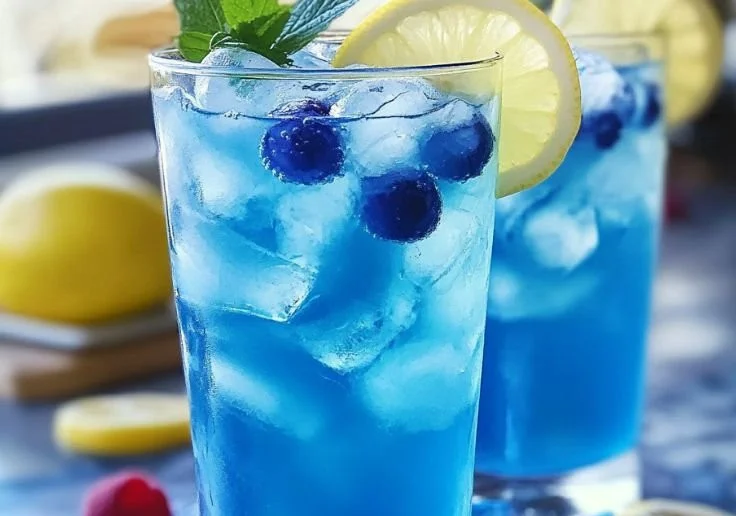A refreshing glass of blue raspberry lemonade with ice and lemon slices on a sunny day.