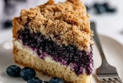 Slice of blueberry crumble cheesecake on a plate with crumbs on top
