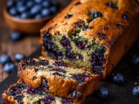 Slice of homemade blueberry zucchini bread on a wooden table