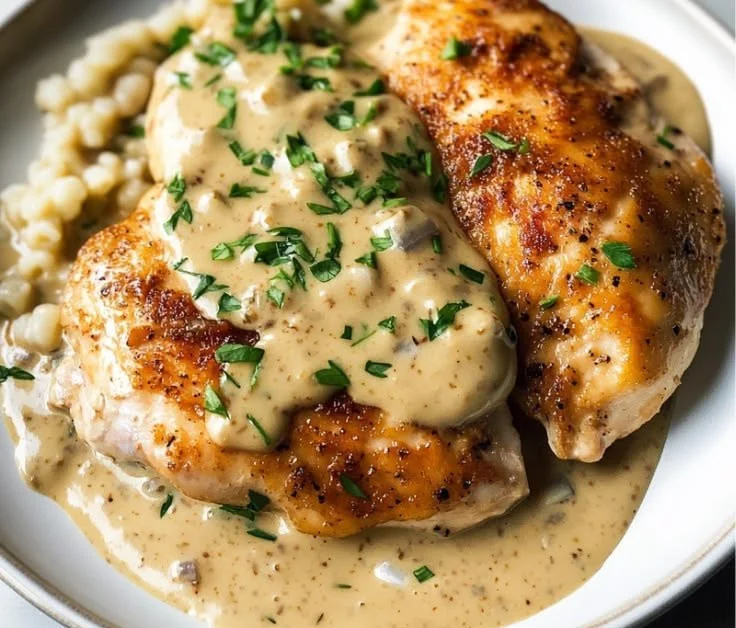 Boursin Chicken recipe with creamy cheese sauce and herbs.