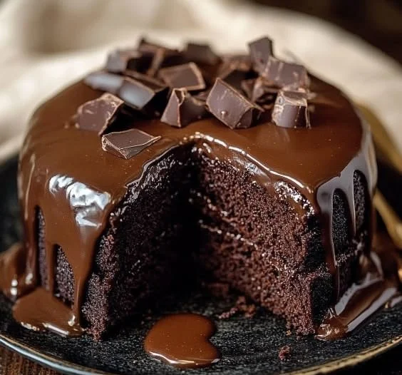 Delicious Brick Street chocolate cake topped with chocolate frosting.