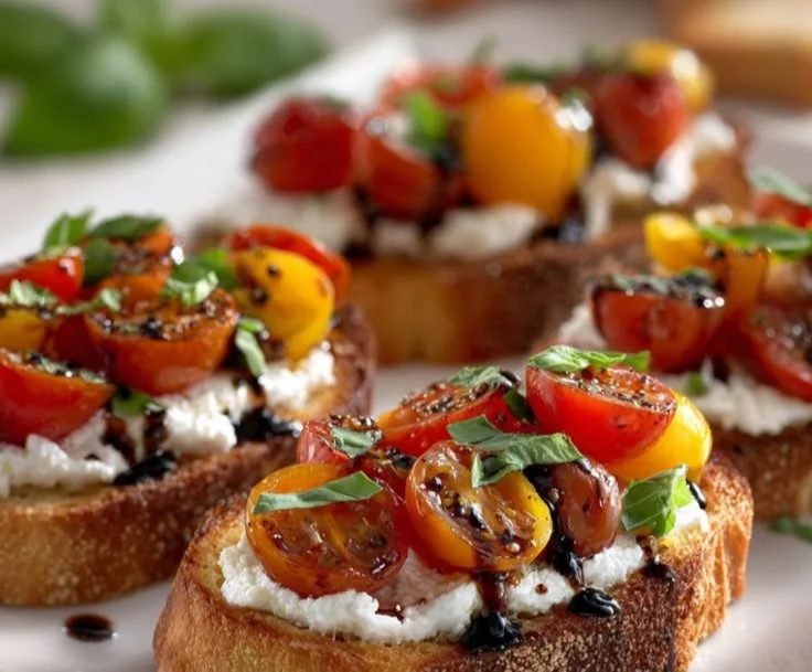 Bruschetta topped with creamy whipped ricotta and fresh herbs.