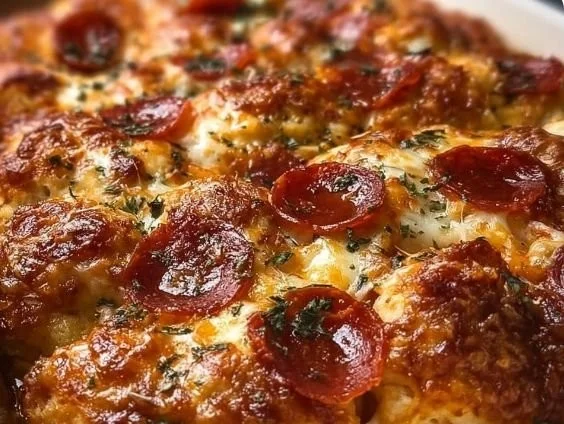 Bubble Up Biscuit Pizza Casserole topped with melted cheese and pepperoni