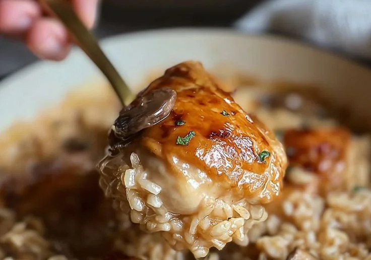Delicious butter chicken rice in a creamy sauce served in a one-pot dinner