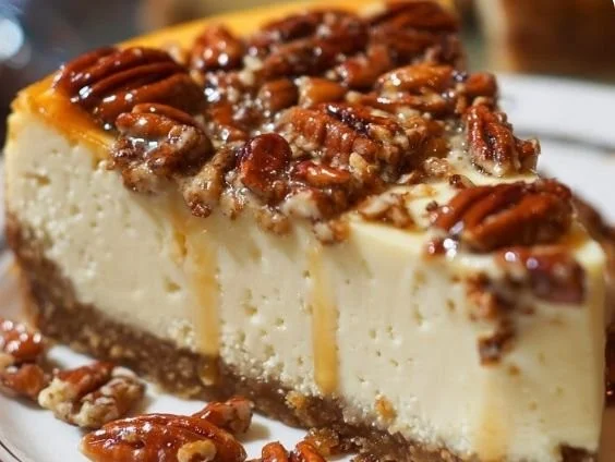 Delicious Butter Pecan Cheesecake topped with caramel and pecans.