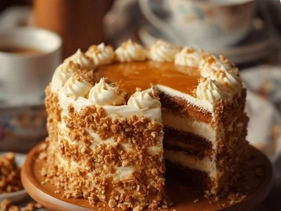Delicious butterscotch crunch cake topped with caramel and crunchy bites