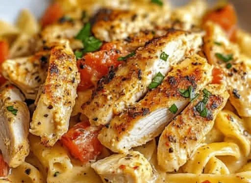 Cajun-inspired chicken pasta served in a bowl with herbs and spices.
