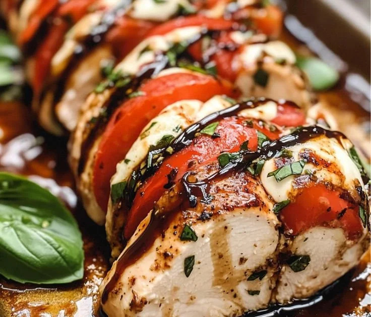 Juicy Caprese stuffed chicken with tomatoes, basil, and mozzarella cheese.