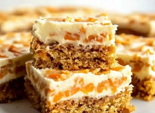 Moist and creamy carrot cake bars topped with cream cheese frosting.