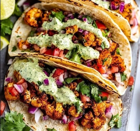 Delicious cauliflower tacos served with fresh toppings and vibrant colors.