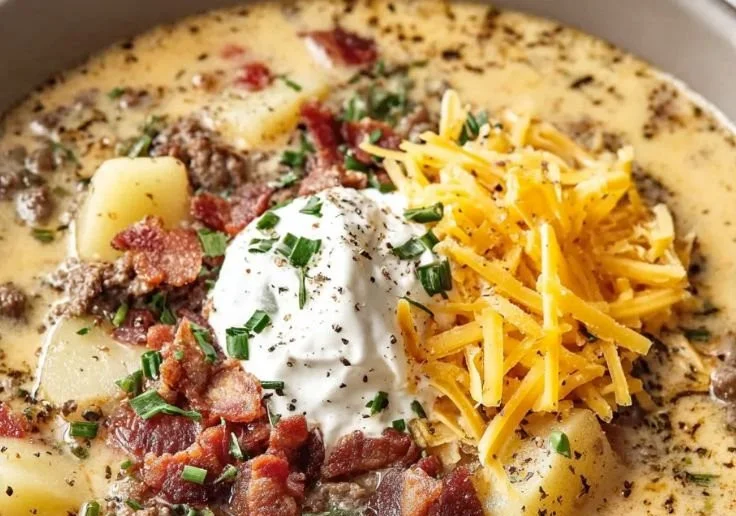 Delicious bowl of cheeseburger soup topped with cheese and herbs