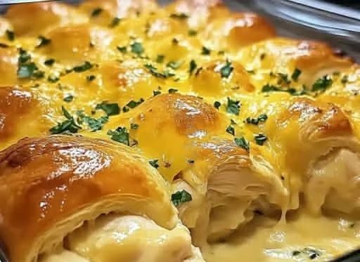 Cheesy Chicken Crescent Bake served in a baking dish with golden crust and melted cheese