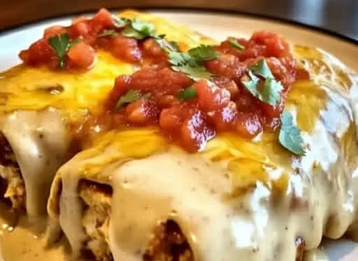 Delicious cheesy chicken enchiladas with creamy sauce topped with fresh cilantro.
