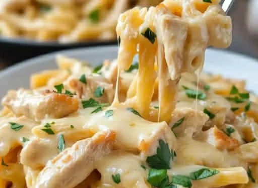 Creamy cheesy chicken pasta served in a bowl, ideal for family dinners