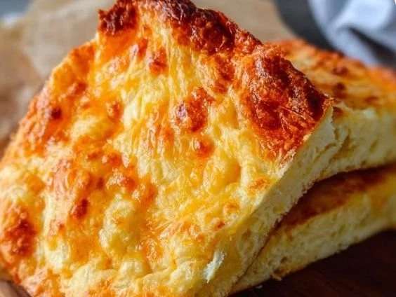 Sliced Cheesy Cottage Cheese Bread on a wooden board.