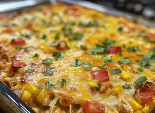 Cheesy one-pot chicken burrito casserole baked dish with toppings