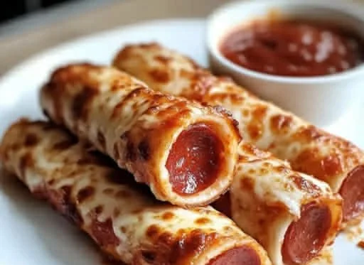 Cheesy pepperoni pizza roll-ups sliced on a wooden board.