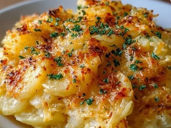 Cheesy potato casserole topped with melted cheese and crispy edges