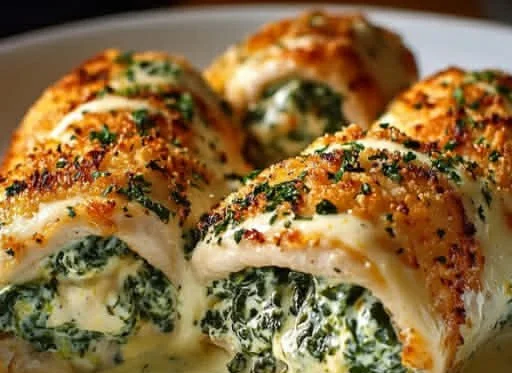Cheesy Spinach Stuffed Chicken Roll-Ups on a plate with garnish.