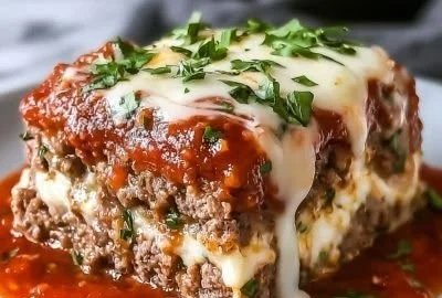 Cheesy Stuffed Italian Meatloaf topped with marinara sauce and fresh herbs